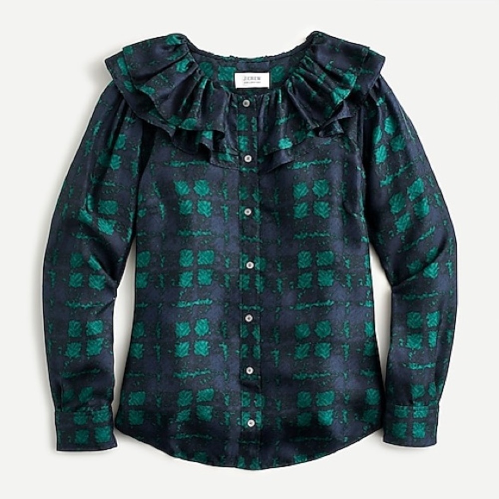 J Crew Silk-twill ruffle-collar top in navy/green